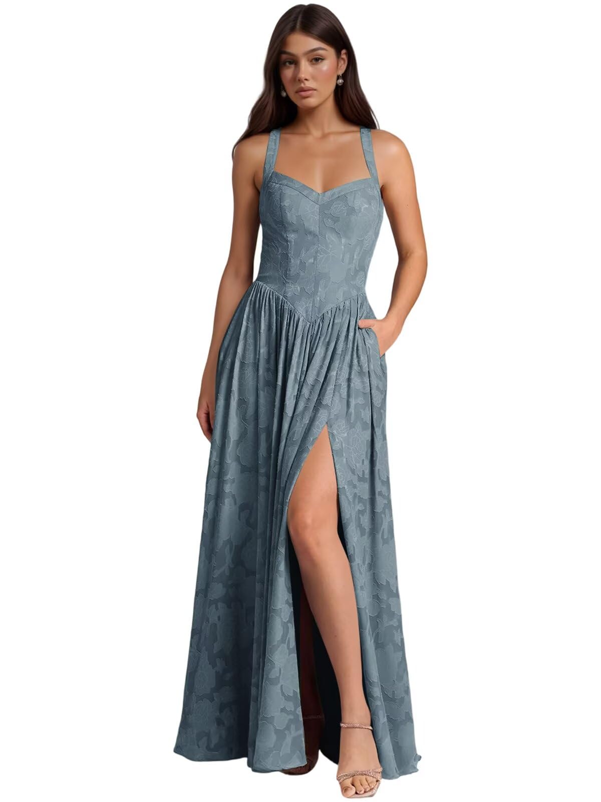 Jacquard Floral Lace Wedding Guest Dress Long Slit A Line Bridesmaid Dresses with Pockets Formal Gown