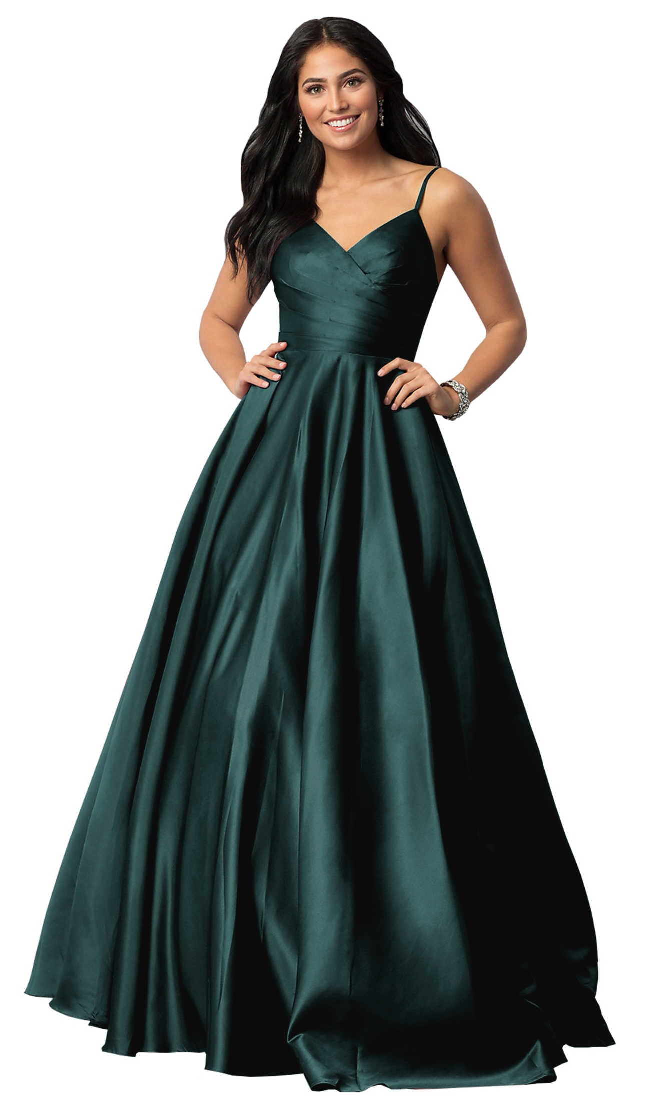Spaghetti Straps Satin Prom Dresses for Women Long with Pockets Pleated Formal Evening Gowns