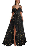 Tulle Cold Shoulder Long Sparkly Prom Dress Starry Ruffle Hem Slit Formal Party Dress Evening Gowns