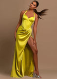 Women's Satin Halter Prom Dresses with Slit Ruched Long Corset Formal Evening Party Gown