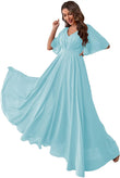Women's Batwing Sleeve Chiffon Bridesmaid Dresses with Pockets V Neck Long Formal Evening Dress