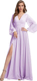 Womens V-Neck Long Sleeve Bridesmaid Dresses with Slit 2024 Ruched A-line Chiffon Prom Formal Dresses