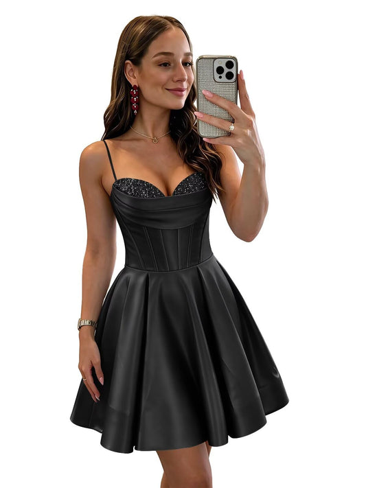 Satin Short Homecoming Dresses Sequin HOCO Dresses Satin Sequin Homecoming Dresses A Line Corset Satin Homecoming Dresses  Sparkly Sequin HOCO Dresses for Teens