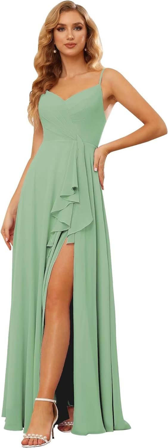 Vestidos de dama de honor largos de gasa con tirantes finos y bolsillos, vestidos formales con volantes y abertura para mujer 