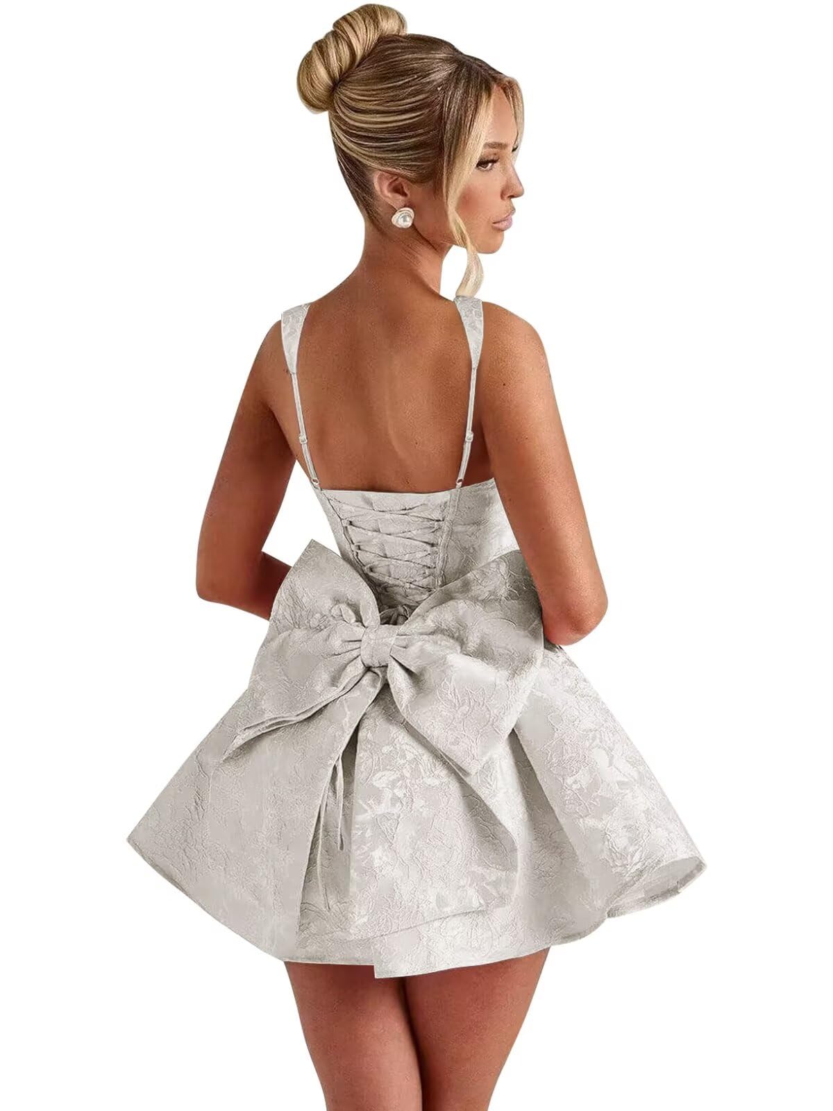 Satin Jacquard Homecoming Dress with Bow Short A-Line Mini Prom Cocktail Party Gown