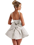 Satin Jacquard Homecoming Dress with Bow Short A-Line Mini Prom Cocktail Party Gown