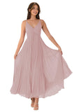 V-Neck Pleated Bridesmaid Dresses for Women Chiffon Spaghetti Straps Pleates Long Formal Wedding Guest Dress