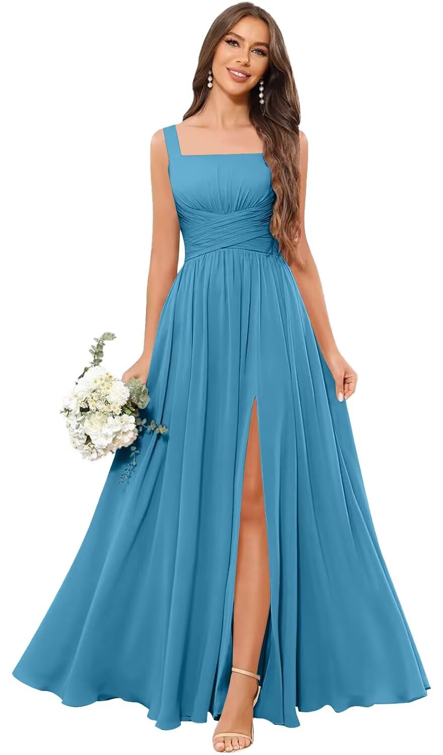 Kingbridal Chiffon A-line Bridesmaid Dresses for Women 2027 Long Square Neck Pleated Formal Evening Party Dress with Slit