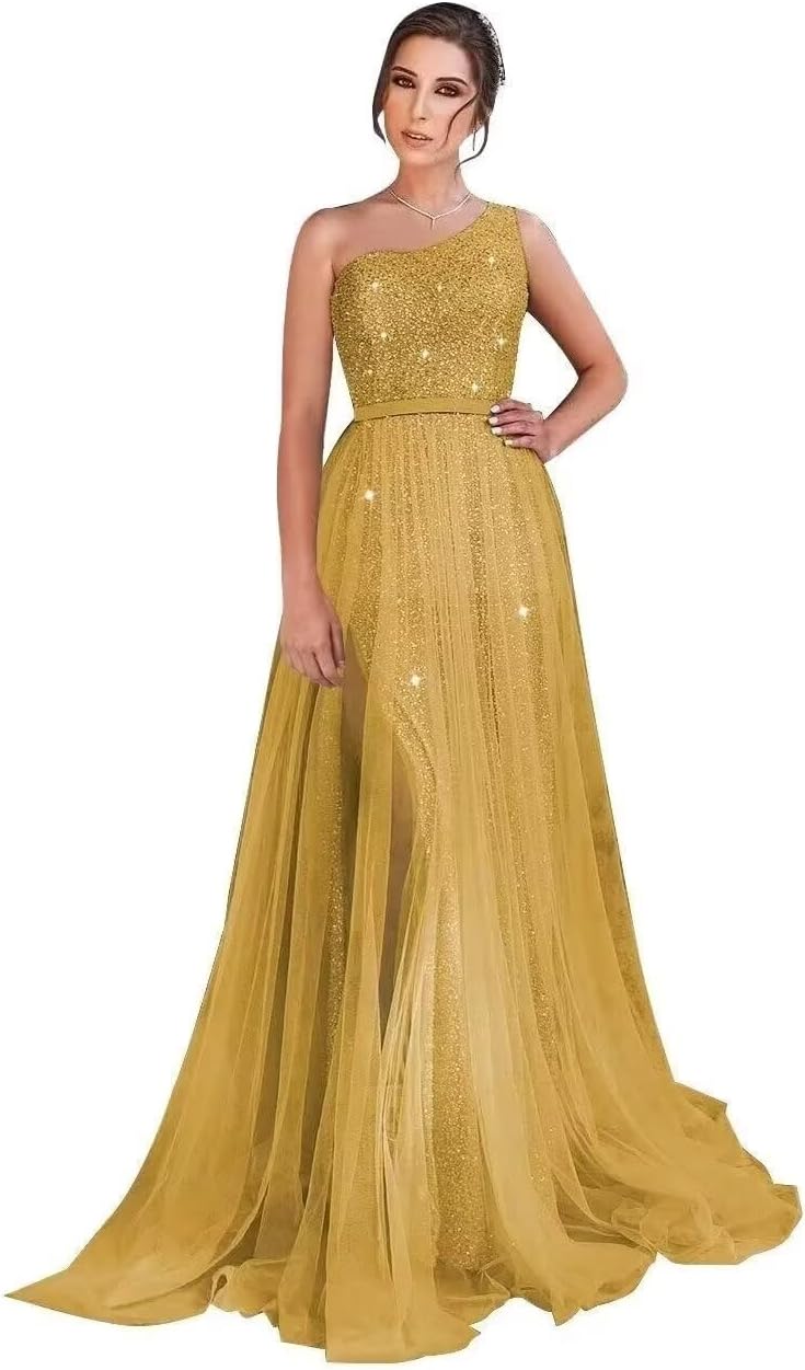 One Shoulder Sequin Prom Dress Long A-Line Tulle Formal Evening Gowns for Women 2027