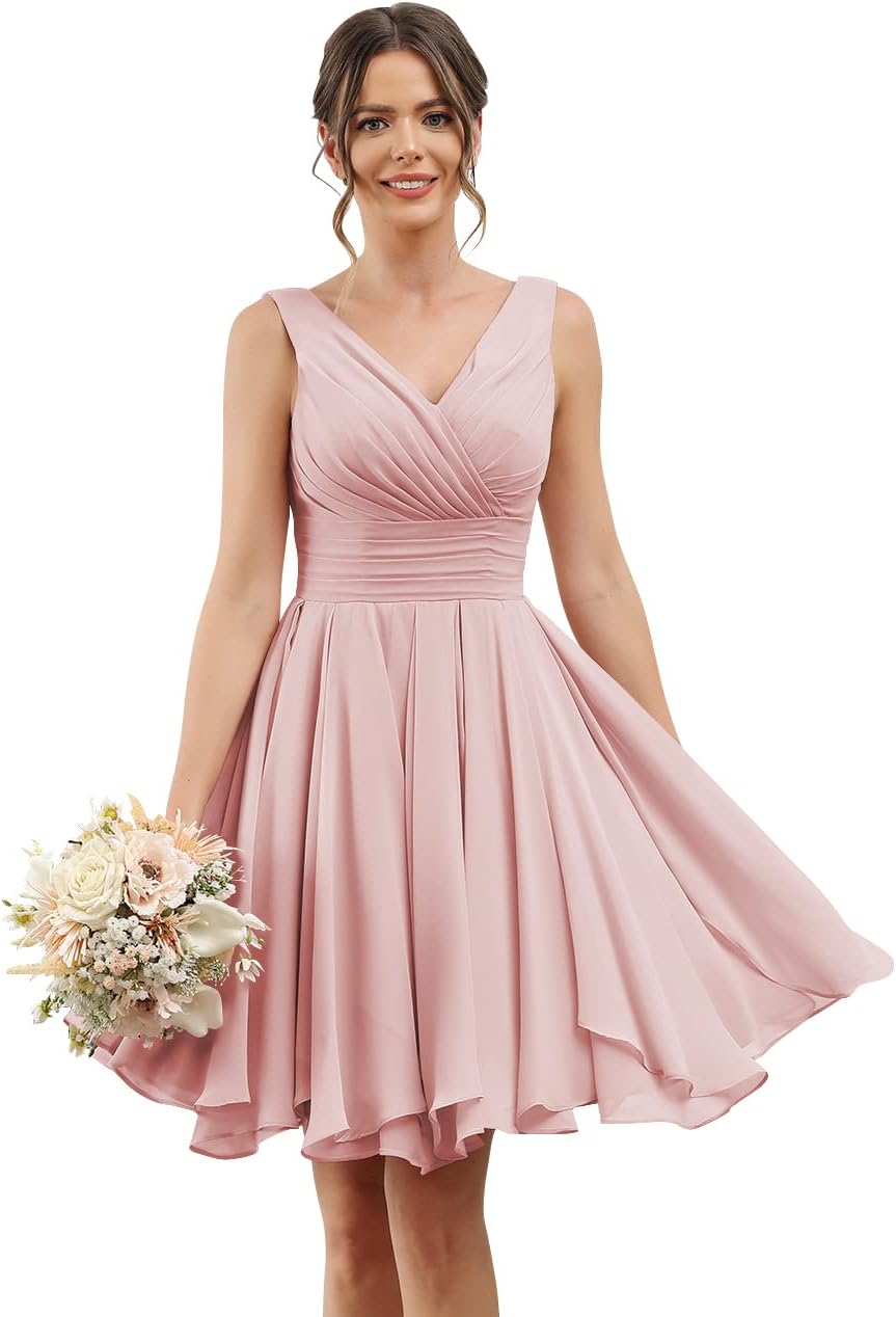 Double V Neck Short Bridesmaid Dresses for Women 2025 Chiffon A Line Formal Evening Gowns with Pockets