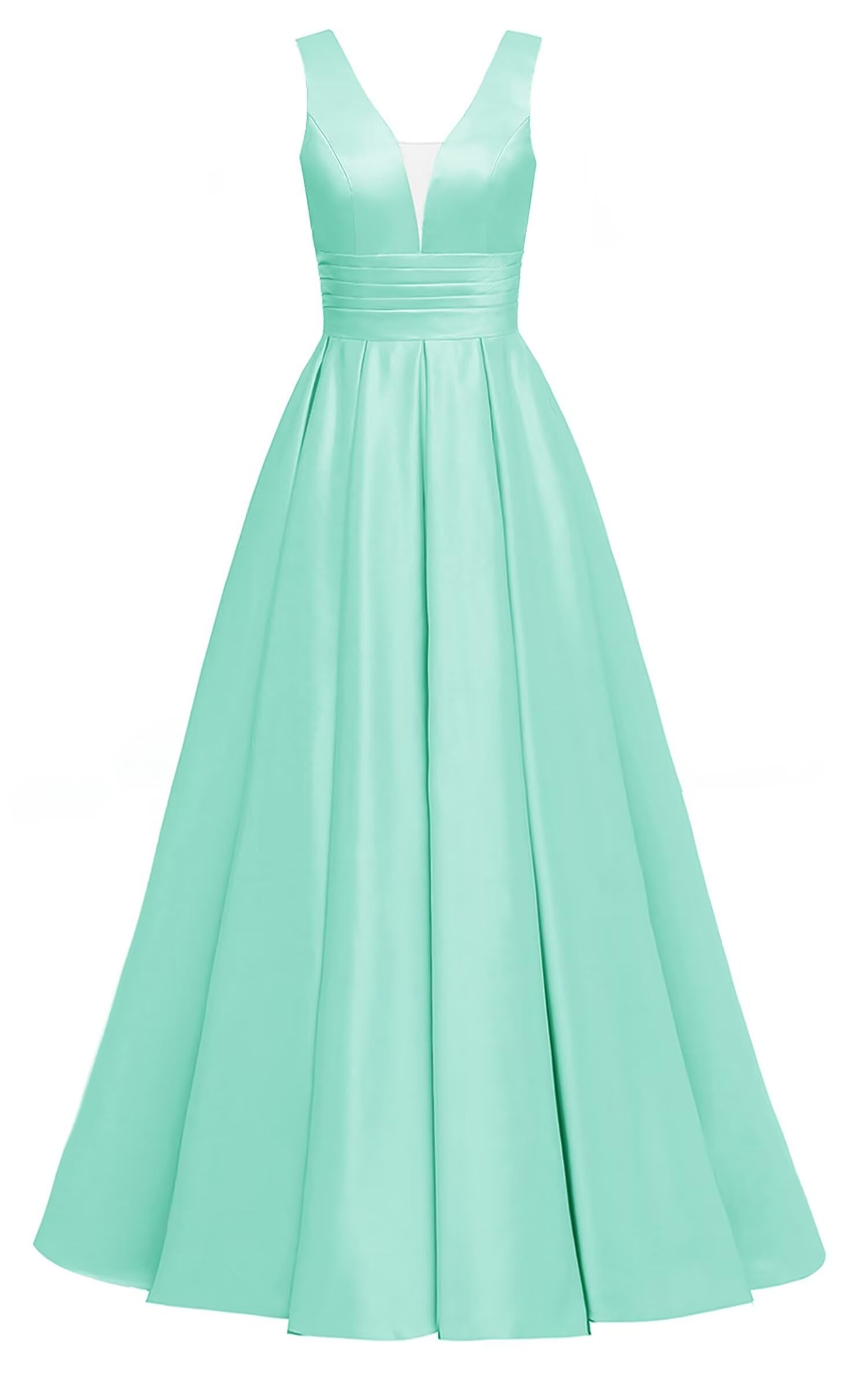 Glitter Satin Prom Dresses for Women Long V Neck A-Line Pleated Formal Evening Party Gowns with Pockets