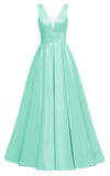Glitter Satin Prom Dresses for Women Long V Neck A-Line Pleated Formal Evening Party Gowns with Pockets
