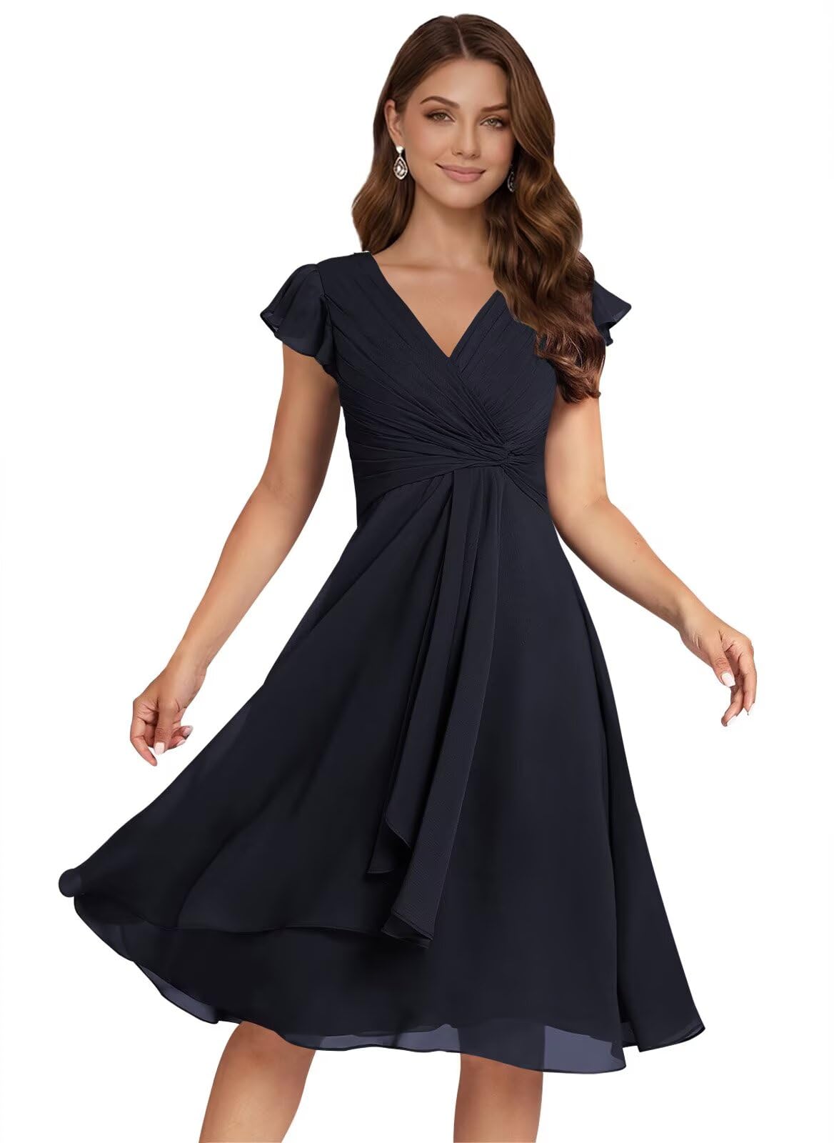 Short Chiffon Bridesmaid Dresses for Women V Neck Flutter Sleeves Ruffle Formal Cocktail Gowns with Pockets