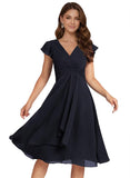Short Chiffon Bridesmaid Dresses for Women V Neck Flutter Sleeves Ruffle Formal Cocktail Gowns with Pockets
