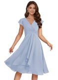 Short Chiffon Bridesmaid Dresses for Women V Neck Flutter Sleeves Ruffle Formal Cocktail Gowns with Pockets