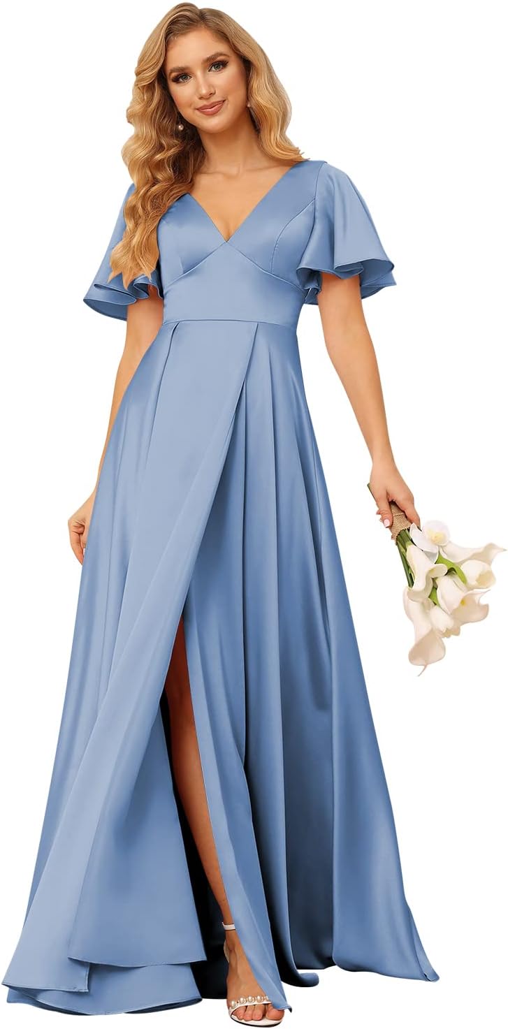 Women's V Neck Ruffle Sleeves Bridesmaid Dresses with Slit 2025 Satin A-Line Formal Evening Gowns