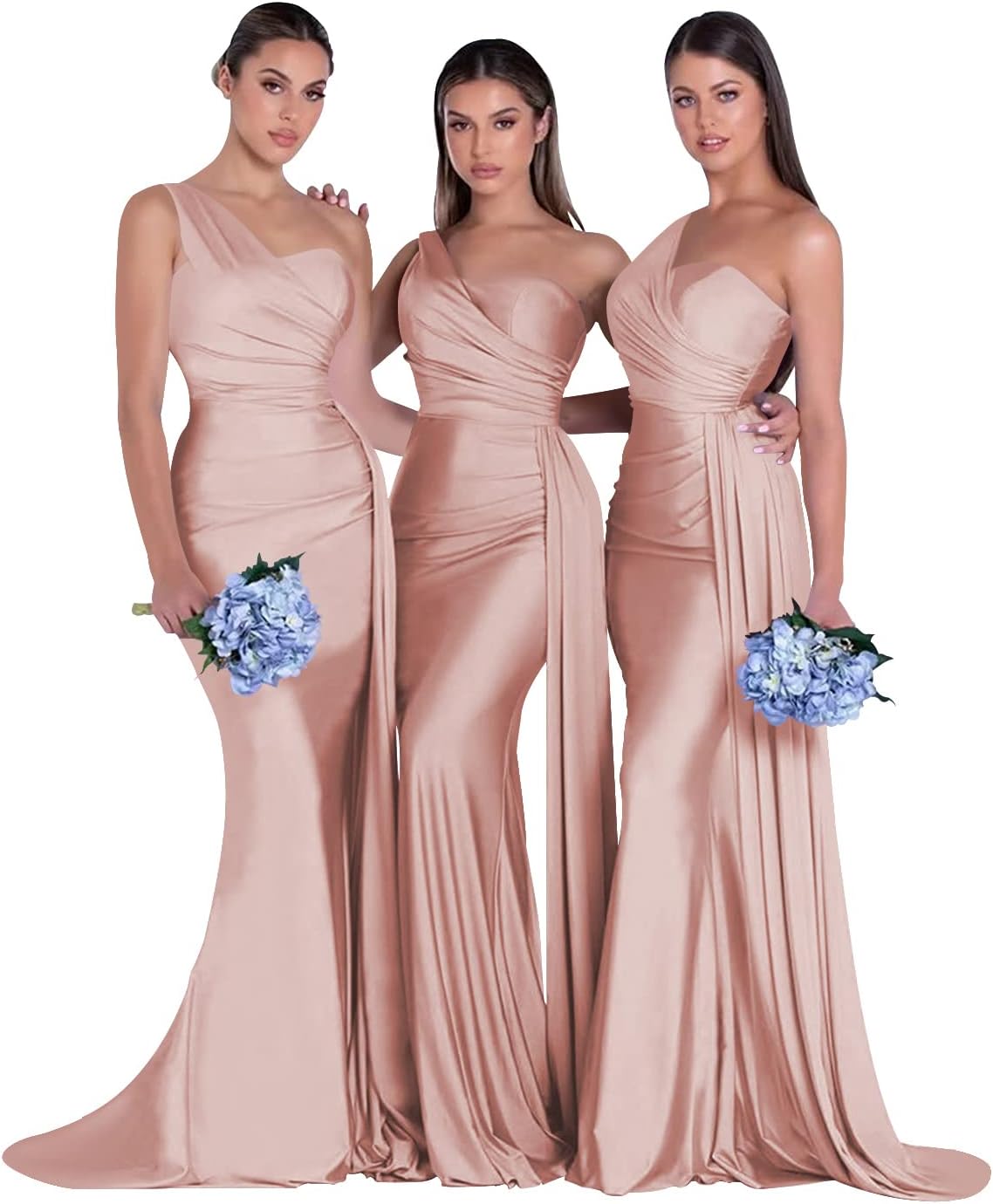Women's One Shoulder Mermaid Bridesmaid Dresses Long Ruched Bodycon Satin Formal Prom Gowns