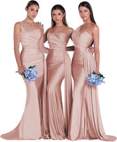 Women's One Shoulder Mermaid Bridesmaid Dresses Long Ruched Bodycon Satin Formal Prom Gowns