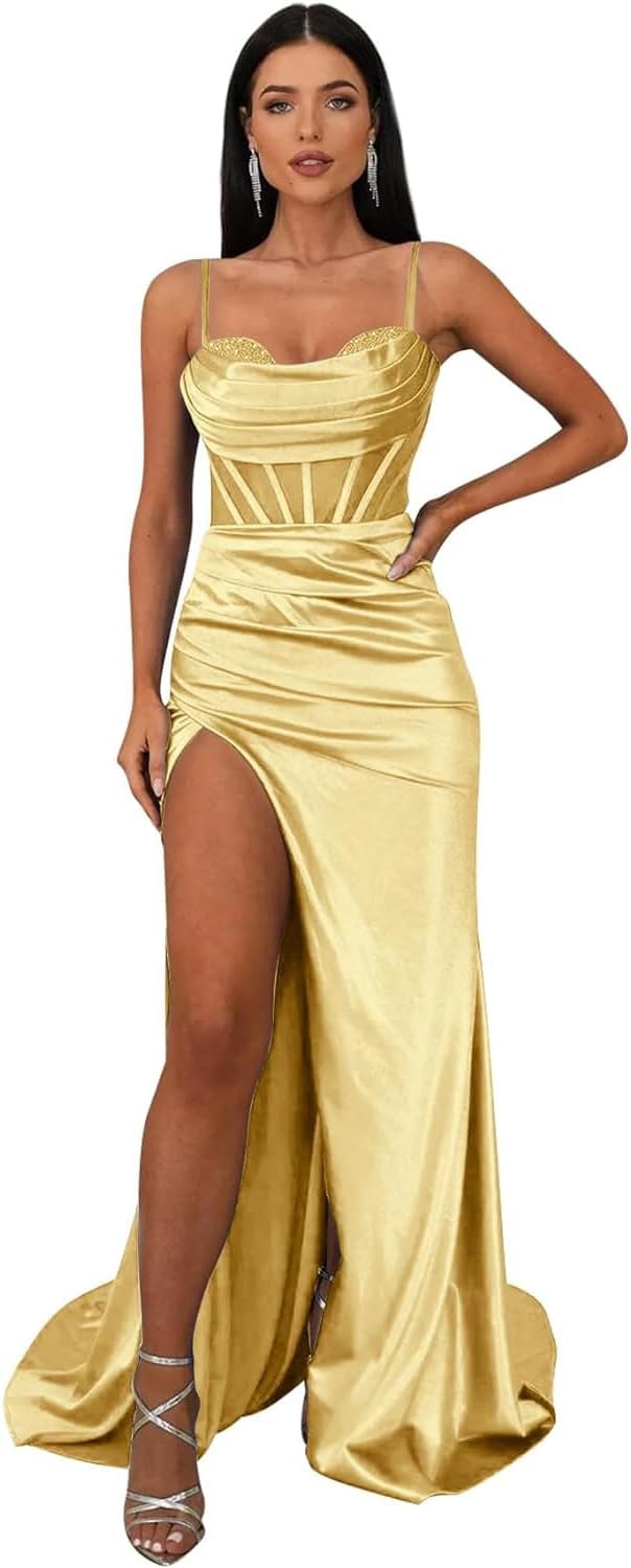 Ballkleider mit Wasserfallausschnitt, langen Spaghettiträgern, Illusion-Meerjungfrauen-Korsett, formelles Abendkleid mit Schlitz 