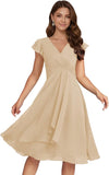 Short Chiffon Bridesmaid Dresses for Women V Neck Flutter Sleeves Ruffle Formal Cocktail Gowns with Pockets