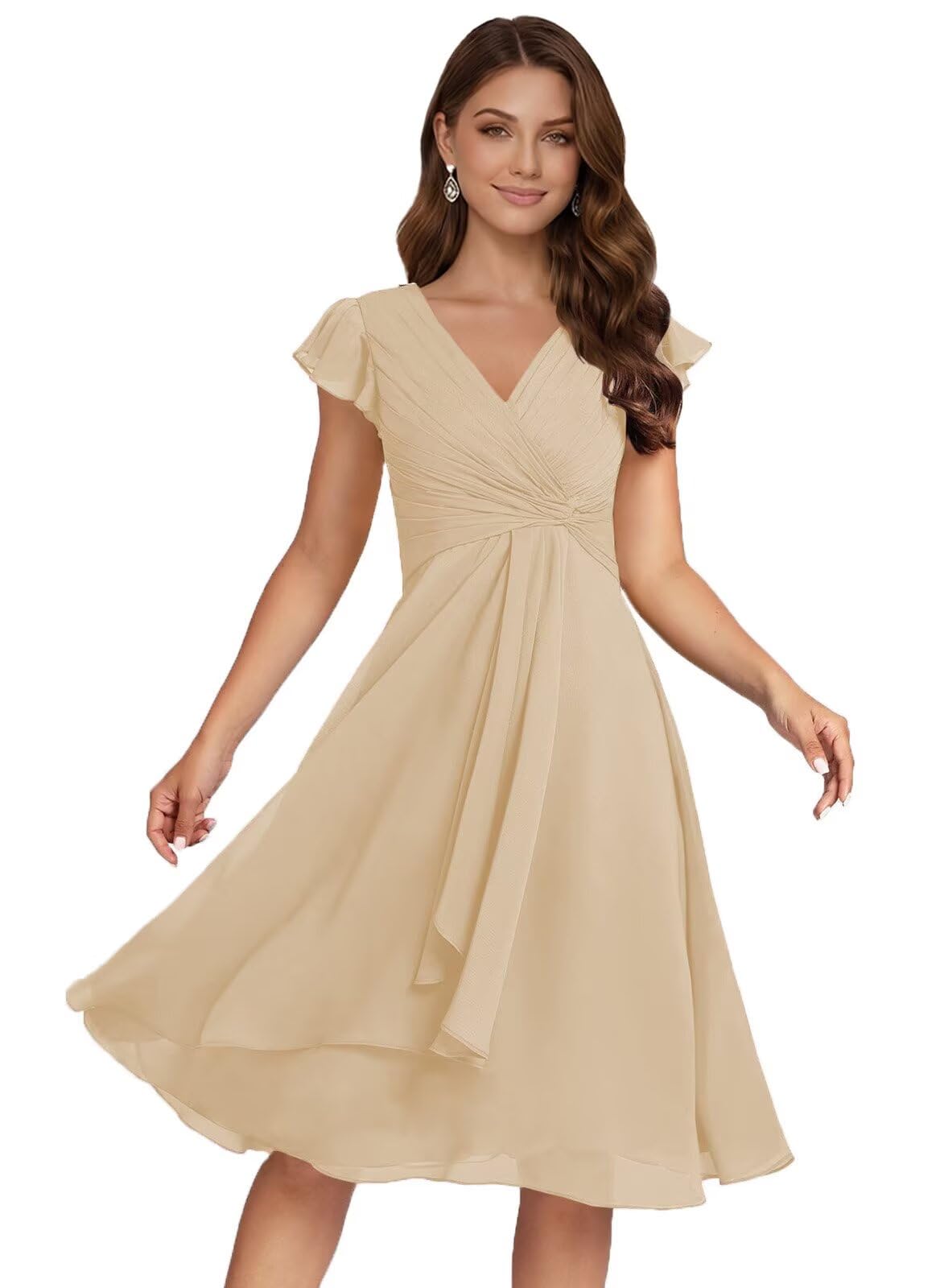 Short Chiffon Bridesmaid Dresses for Women V Neck Flutter Sleeves Ruffle Formal Cocktail Gowns with Pockets
