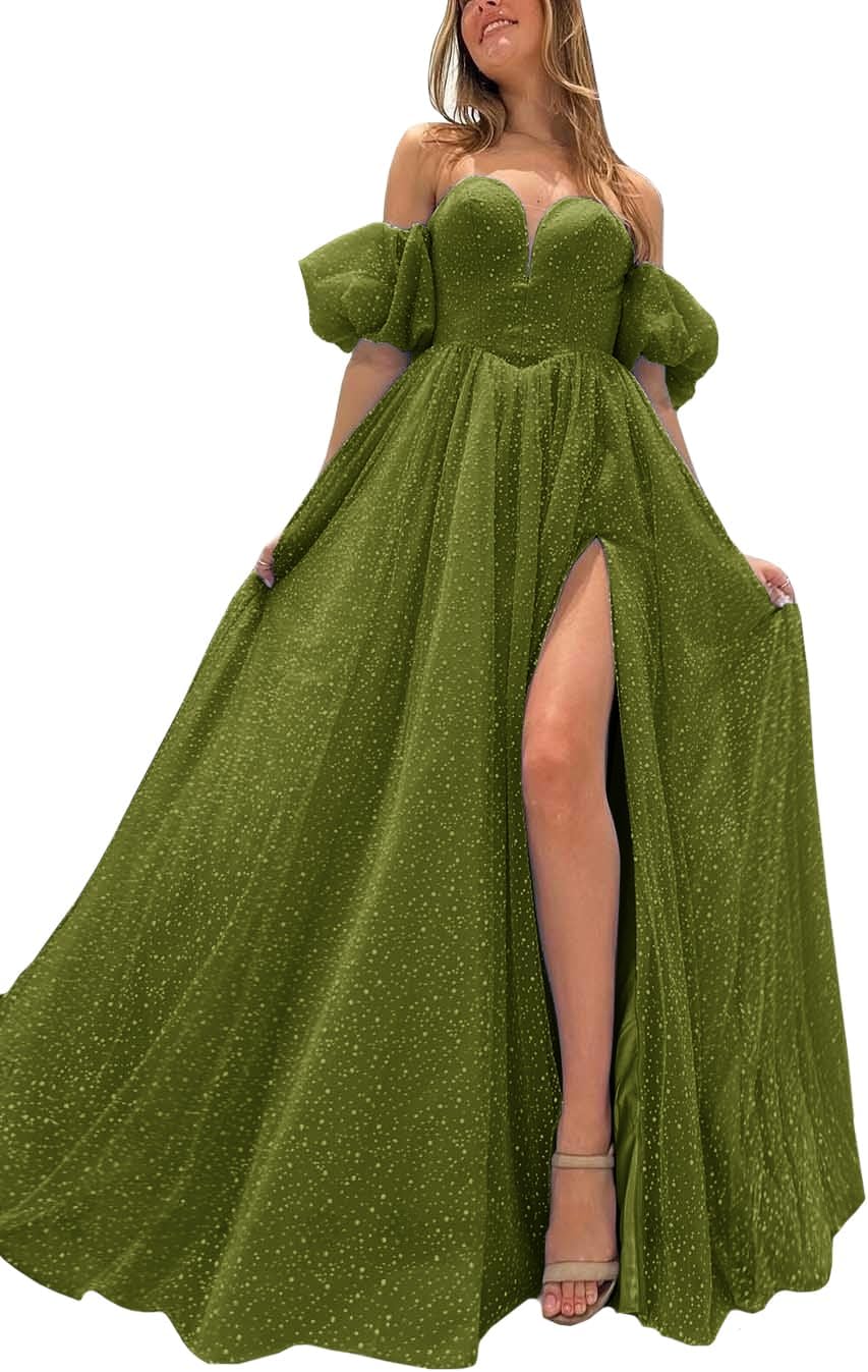 Tulle Prom Dresses for Women 2027 Sparkly Puffy Sleeves Long Ball Gowns with Slit A-Line Evening Dresses