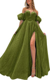 Tulle Prom Dresses for Women 2027 Sparkly Puffy Sleeves Long Ball Gowns with Slit A-Line Evening Dresses