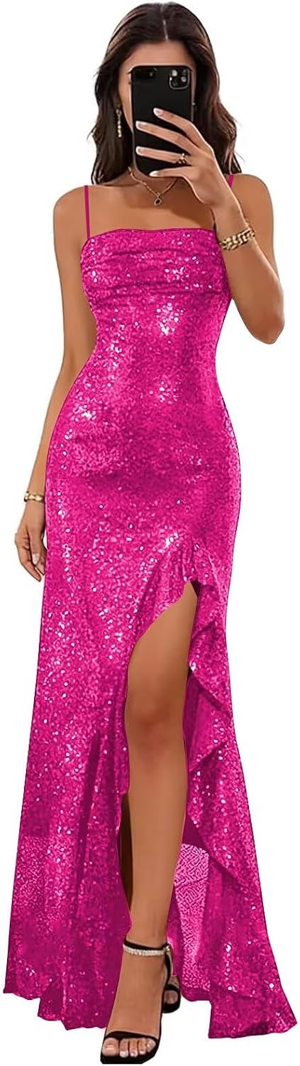 Spaghetti Straps Prom Dresses Long Glitter Sequin Formal Evening Party Dresses with Slit