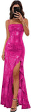 Spaghetti Straps Prom Dresses Long Glitter Sequin Formal Evening Party Dresses with Slit