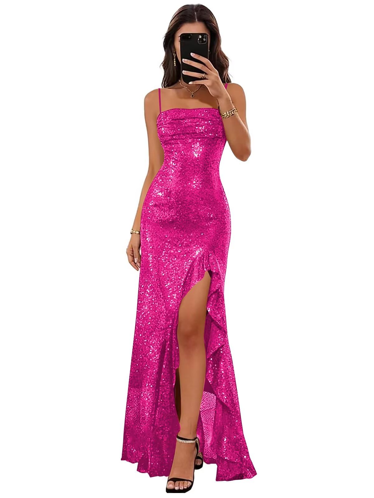 Spaghetti Straps Prom Dresses Long Glitter Sequin Formal Evening Party Dresses with Slit