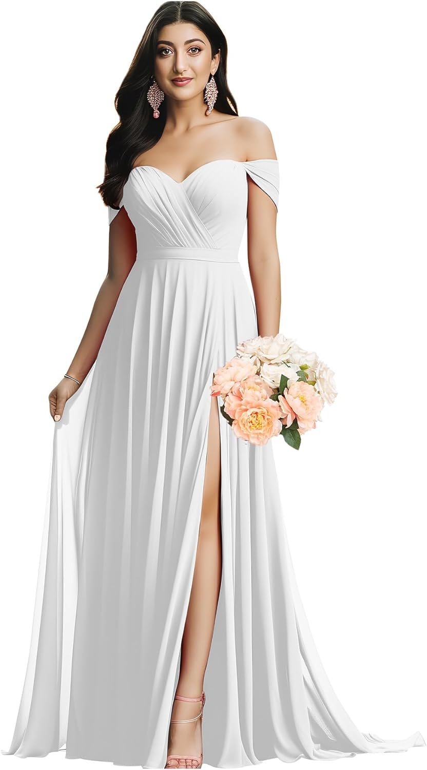 Schulterfreies Brautjungfernkleid für die Hochzeit, gerüschtes Chiffon-Split-Abendkleid mit Taschen 