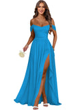 Women's Long Chiffon Bridesmaid Dresses with Slit Off Shoulder A-Line Formal Prom Evening Gown Maxi Wedding Guest Dress