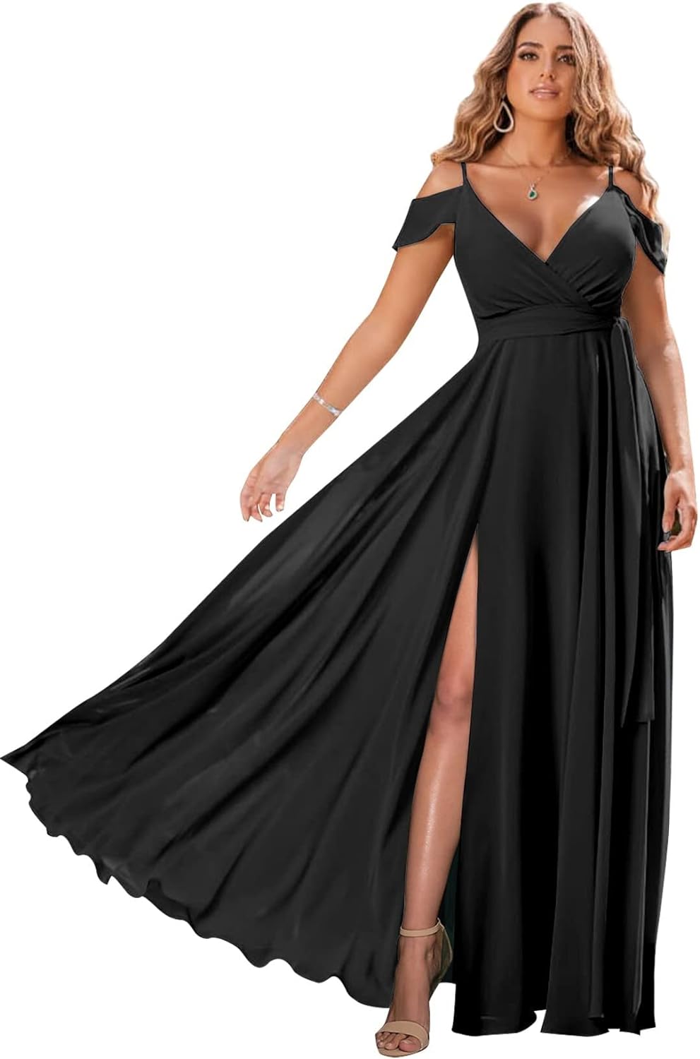 Schulterfreie Brautjungfernkleider 2025 für Frauen, langes Chiffon-Abendkleid mit V-Ausschnitt und Schlitz