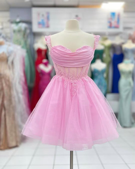 3D Floral Short Homecoming Dress for Teens Sparkly Lace DAMA Dresses for Quinceanera Off Shoulder Beaded Ball Gown