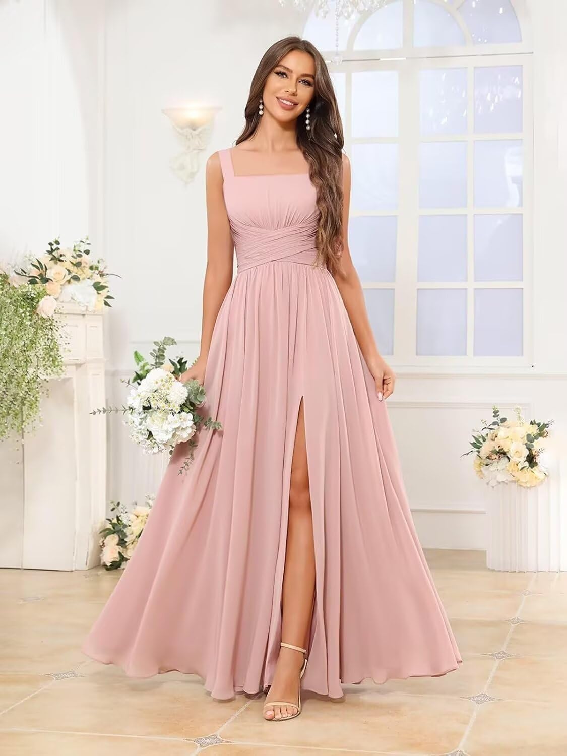 Kingbridal Chiffon A-line Bridesmaid Dresses for Women 2027 Long Square Neck Pleated Formal Evening Party Dress with Slit