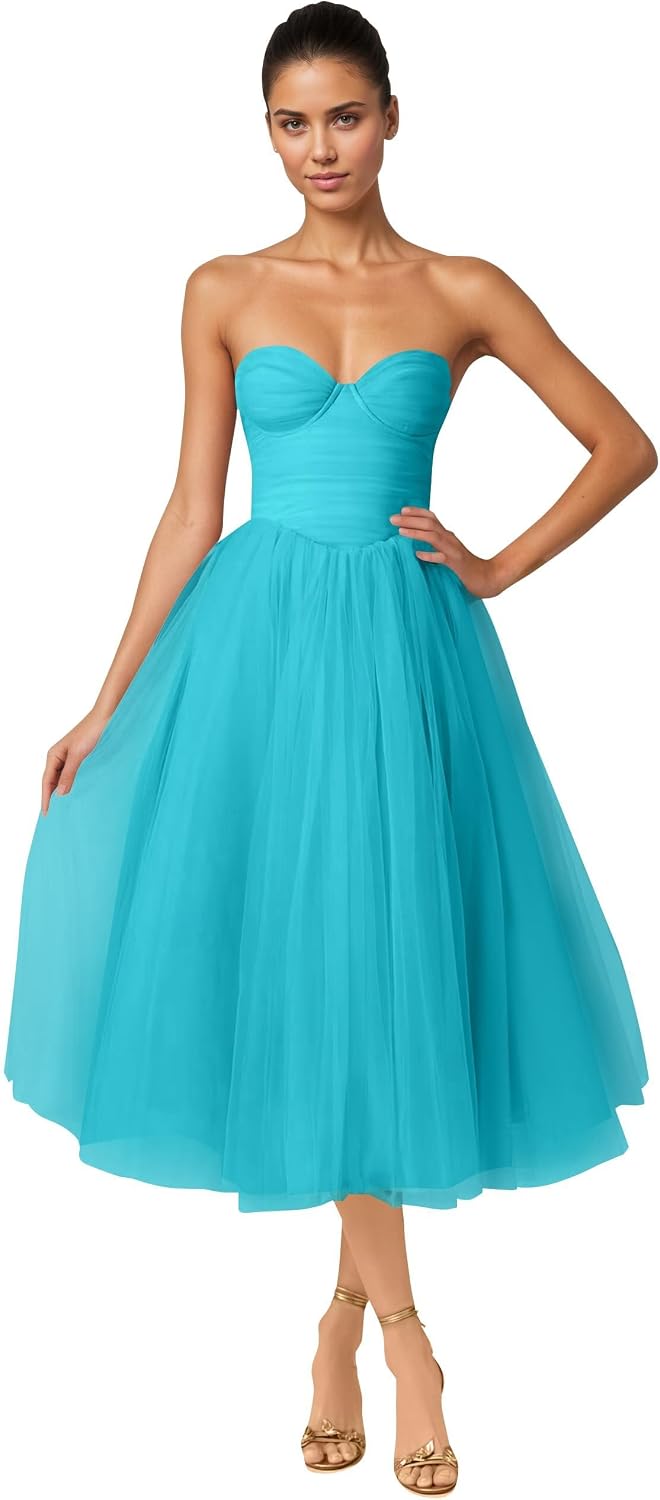 Strapless Prom Dresses Sweetheart Tulle Ball Gowns Corset Short Homecoming Dresses Pleated Lace-up Evening Dresses