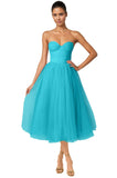 Strapless Prom Dresses Sweetheart Tulle Ball Gowns Corset Short Homecoming Dresses Pleated Lace-up Evening Dresses