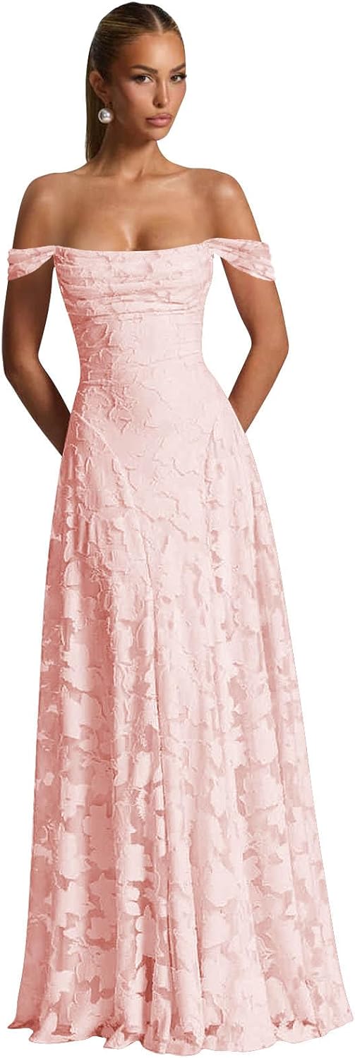Off The Shoulder Bridesmaid Dresses Long for Women Formal Evening Gown Lace Wedding Guest Dress