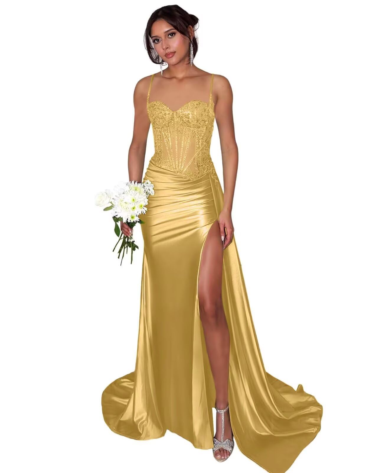 Lace Satin Prom Dresses for Women 2026 Long Mermaid Spaghetti Straps Corset Formal Evening Party Dress with Slit