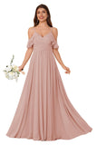 Women's Long Chiffon Bridesmaid Dresses Ruffle V Neck Formal Evening Prom Gown Spaghetti Strap Maxi Wedding Guest Dress