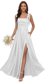 Satin Bridesmaid Dresses with Slit Spaghetti Straps Square Neck Long Formal Dress