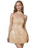 Strapless Sequin Homecoming Dresses for Teens Short Prom Dress Sparkly A-Line Cocktail Party Gowns with Pockets