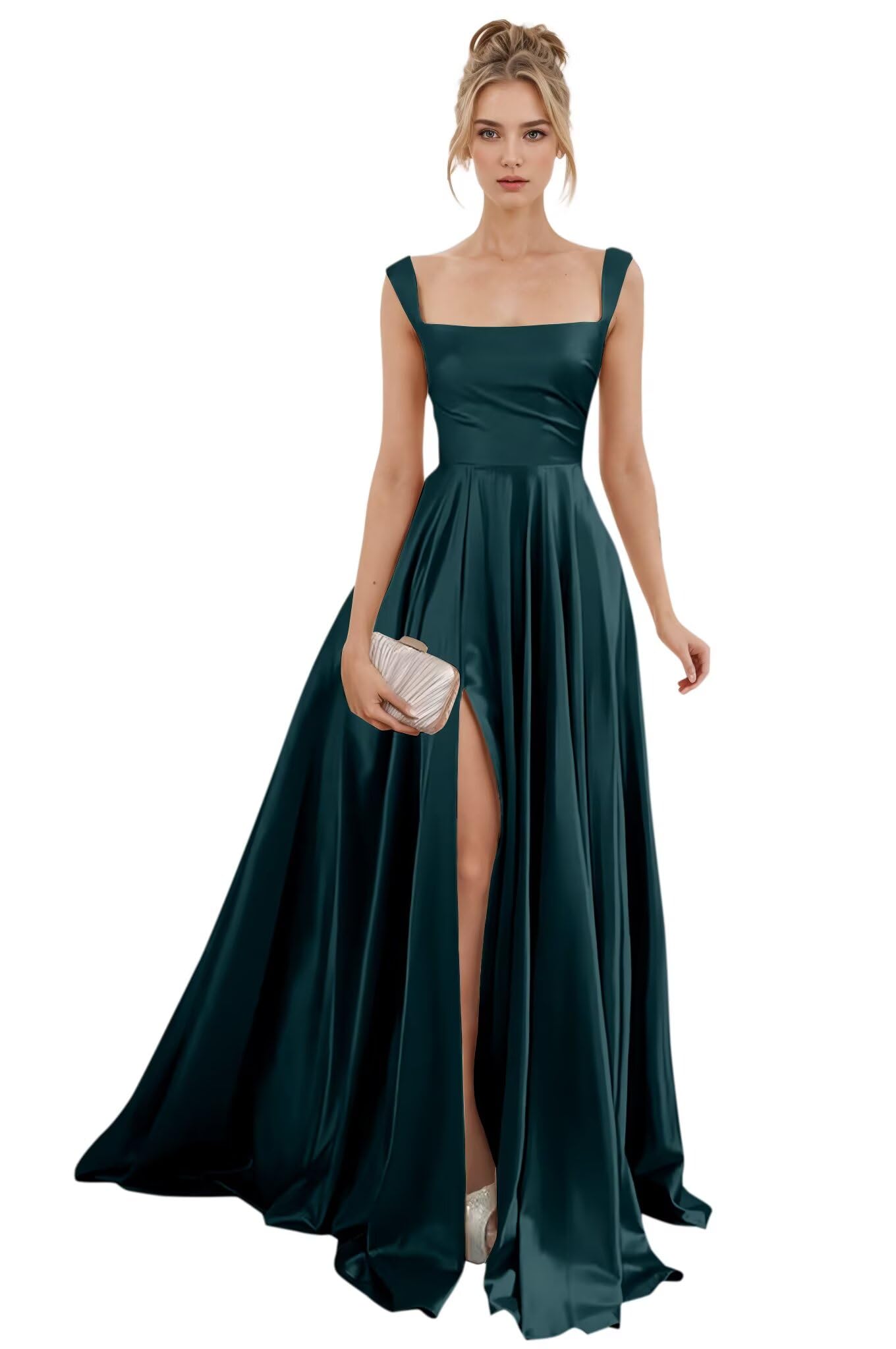 Spaghetti Straps Satin Bridesmaid Dresses for Women Long A-Line Square Neck Formal Evening Party Gown with Slit