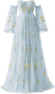 Vestidos de fiesta de tul con bordado de flores para mujer, 2024, largos, con hombros descubiertos, formales, para noche 