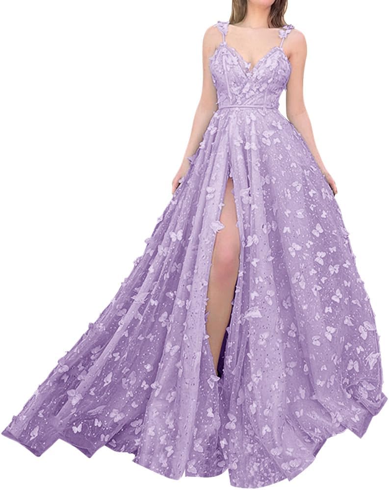 Sparkly Prom Dresses for Teens 2027 3D Butterfly Tulle Spaghetti Straps Long Slit Backless Party Gowns