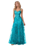 Spaghetti Strap Sparkly Prom Dress for Women Long Tulle Formal Dress Laces Evening Party Gown