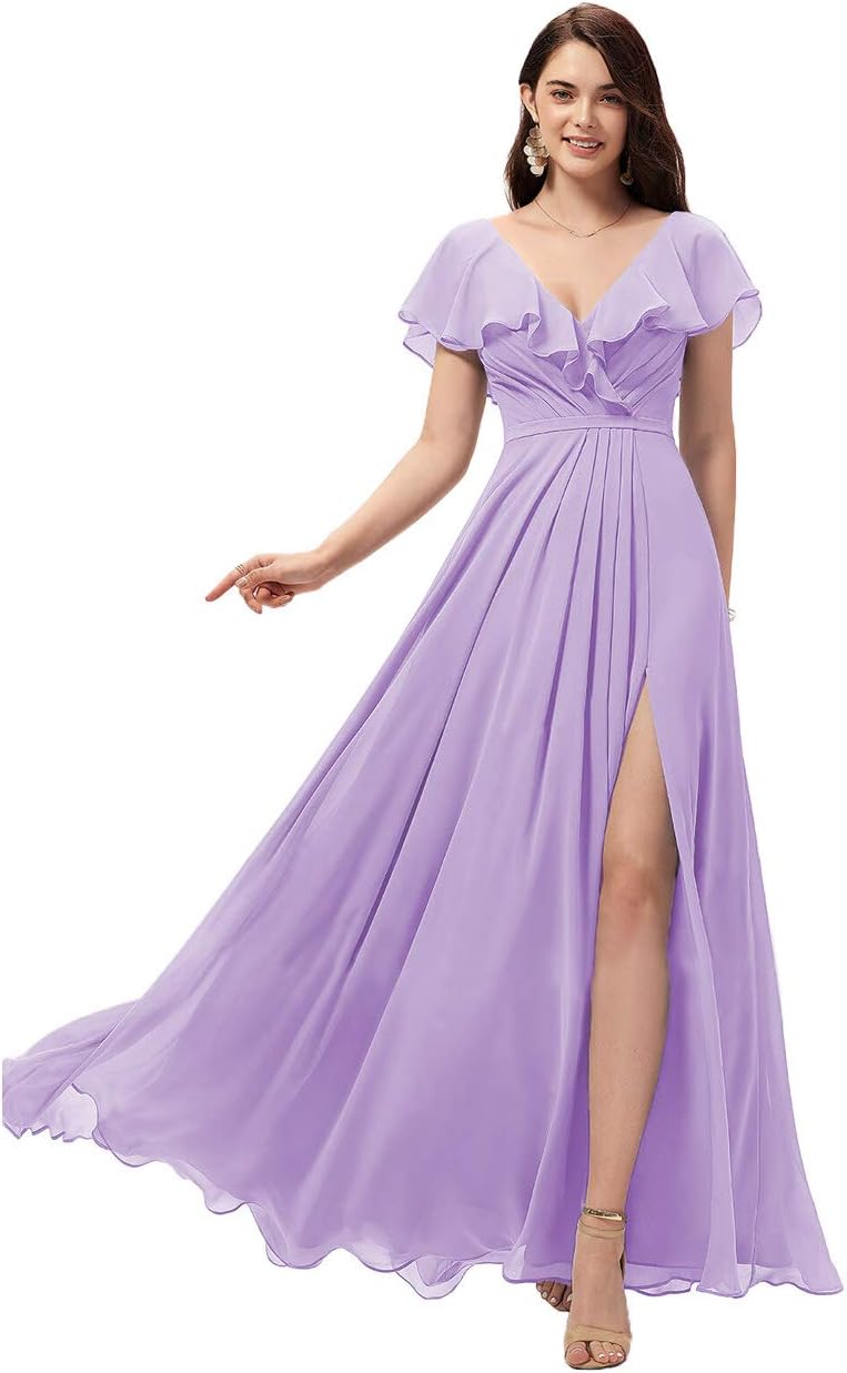 Vestidos de dama de honor largos con escote en V y volantes de gasa para mujer, vestidos de noche formales