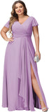 Vestidos de dama de honor de talla grande con mangas con volantes y bolsillos, vestido formal largo con escote en V y abertura. 