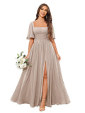 Square Neck Bridesmaid Dresses with Slit Pockets Flutter Sleeve Long Chiffon Formal Wedding Guest Dress