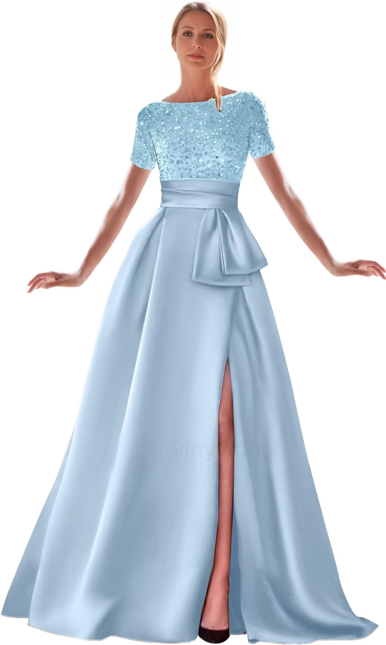 Kingbridal Gowns Short Sleeve Sequin Prom Dresses for Women 2026 Satin A-Line Sparkly Formal Evening Party Ball Gowns with Slit